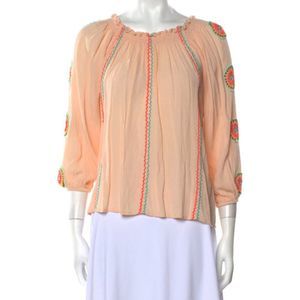 𝅺Rare PIA PAURO Boho XS Embellished Scoop Neck Three-Quarter Sleeve Blouse